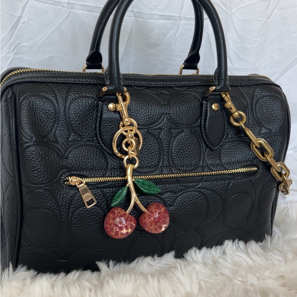 COACH Black Embossed Leather Satchel with Gold Hardware and coach charms - Picture 4 of 12